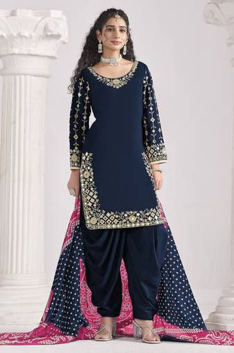 BLUE Roman silk original mirror work patiala salwar kameez