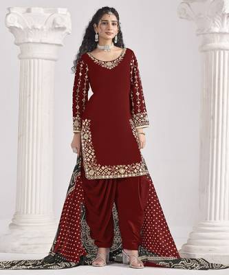 MAROON Roman silk original mirror work patiala salwar kameez 1