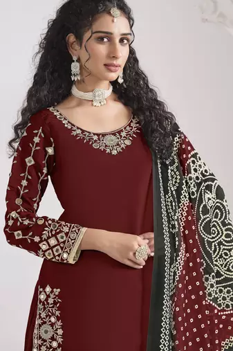 MAROON Roman silk original mirror work patiala salwar kameez