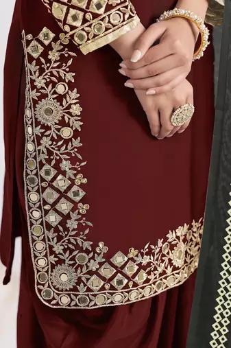 MAROON Roman silk original mirror work patiala salwar kameez