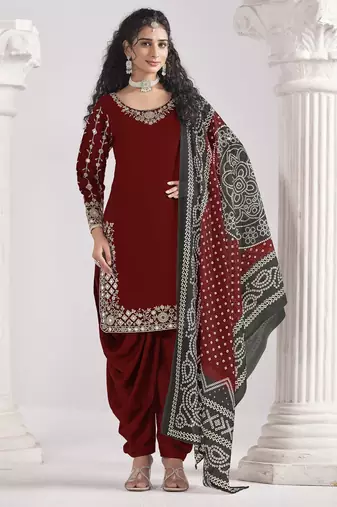 MAROON Roman silk original mirror work patiala salwar kameez