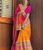 pink & yellow bandhani silk saree with embroidered border