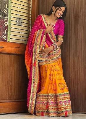 pink & yellow bandhani silk saree with embroidered border 2