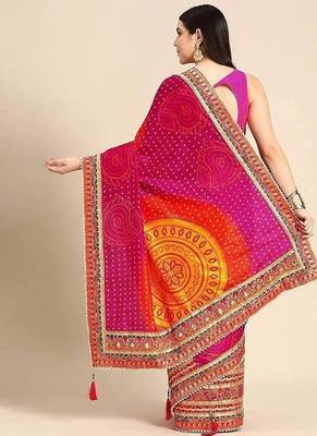 pink & yellow bandhani silk saree with embroidered border 3