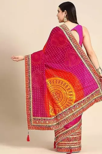 pink & yellow bandhani silk saree with embroidered border