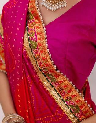 pink & yellow bandhani silk saree with embroidered border 4