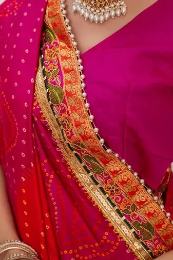 pink & yellow bandhani silk saree with embroidered border