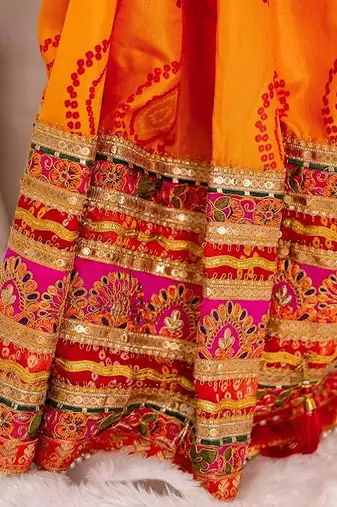 pink & yellow bandhani silk saree with embroidered border
