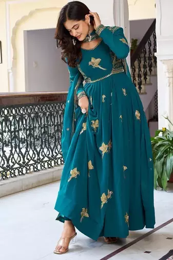 New Design Green Color Gown Suit Set With Dupatta Party Wear Suit Set 