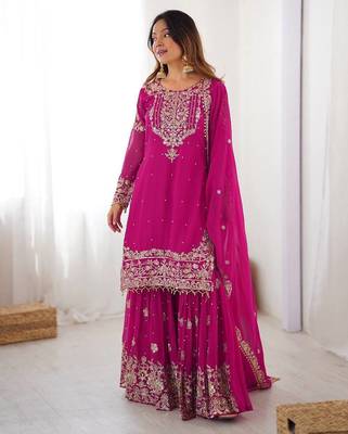 Heavy Embroidery Work Sharara Suit Set Pink embroidered Suit With Dupatta 1