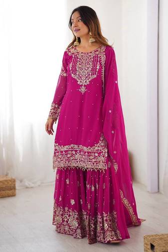 Heavy Embroidery Work Sharara Suit Set Pink Color Suit With Dupatta