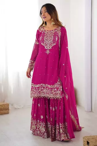 Heavy Embroidery Work Sharara Suit Set Pink Color Suit With Dupatta