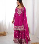 Heavy Embroidery Work Sharara Suit Set Pink embroidered Suit With Dupatta