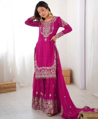Heavy Embroidery Work Sharara Suit Set Pink embroidered Suit With Dupatta 2