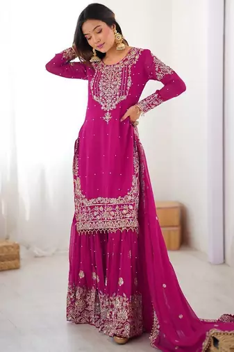 Heavy Embroidery Work Sharara Suit Set Pink embroidered Suit With Dupatta