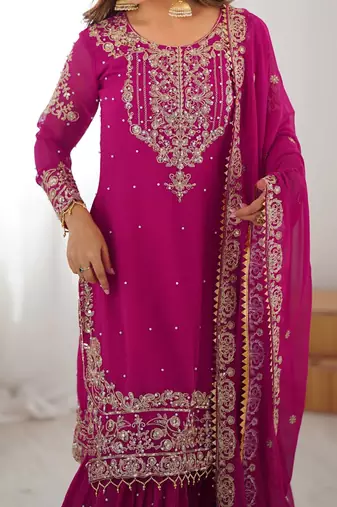 Heavy Embroidery Work Sharara Suit Set Pink embroidered Suit With Dupatta