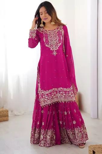 Heavy Embroidery Work Sharara Suit Set Pink embroidered Suit With Dupatta