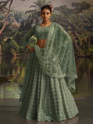 Elegant Sage Green Net Lehenga with Swarovski and Thread Embroidery 1