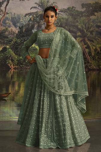 Elegant Sage Green Net Lehenga with Swarovski and Thread Embroidery