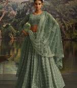 Elegant Sage Green Net Lehenga with Swarovski and Thread Embroidery