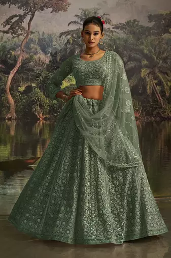 Elegant Sage Green Net Lehenga with Swarovski and Thread Embroidery