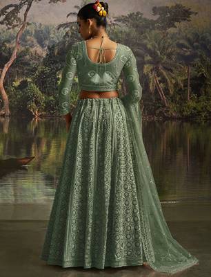 Elegant Sage Green Net Lehenga with Swarovski and Thread Embroidery 3