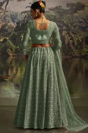 Elegant Sage Green Net Lehenga with Swarovski and Thread Embroidery