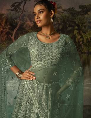 Elegant Sage Green Net Lehenga with Swarovski and Thread Embroidery 4