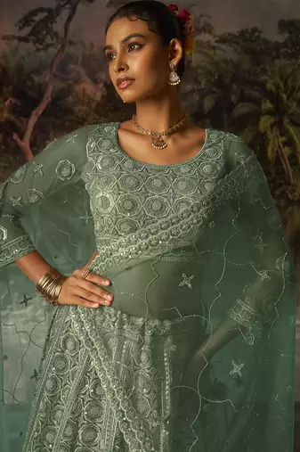 Elegant Sage Green Net Lehenga with Swarovski and Thread Embroidery