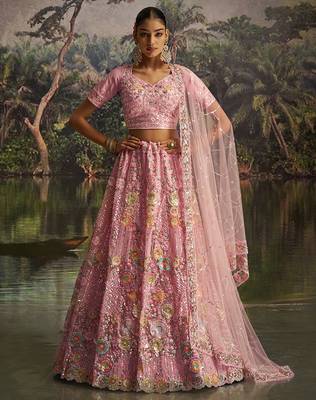 Graceful Pink Soft Net Lehenga with Sequins, Zarkan, Dori Work and Matching Dupatta 1