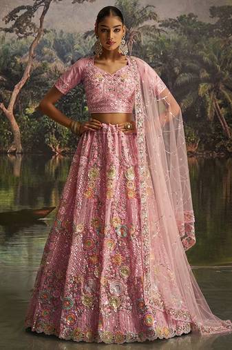 Graceful Pink Soft Net Lehenga with Sequins, Zarkan, Dori Work and Matching Dupatta