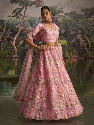 Graceful Pink Soft Net Lehenga with Sequins, Zarkan, Dori Work and Matching Dupatta 2