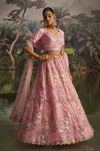 Graceful Pink Soft Net Lehenga with Sequins, Zarkan, Dori Work and Matching Dupatta