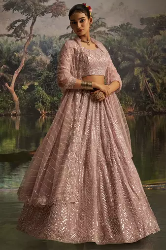 Designer Mauve Soft Net Lehenga with Sequins Zarkan Embroidery and Net Dupatta