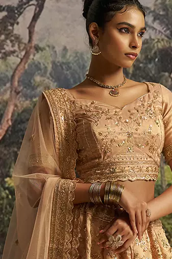Elegant Peach Gota Silk Lehenga with Sequins Zarkan and Net Dupatta