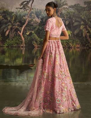 Graceful Pink Soft Net Lehenga with Sequins, Zarkan, Dori Work and Matching Dupatta 3