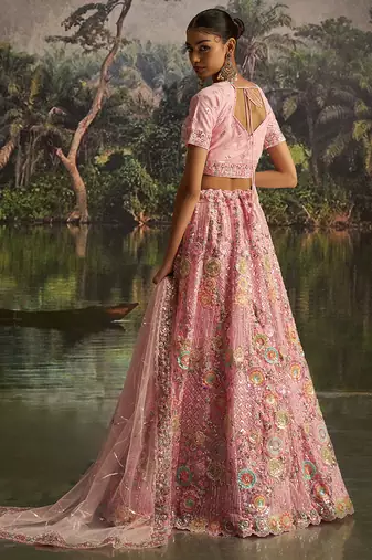 Graceful Pink Soft Net Lehenga with Sequins, Zarkan, Dori Work and Matching Dupatta