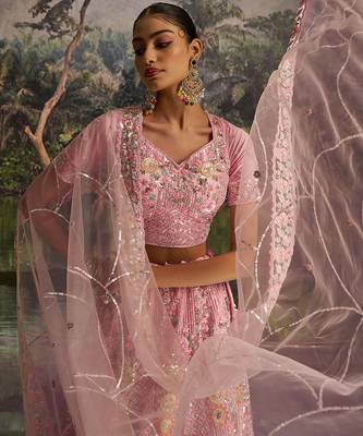 Graceful Pink Soft Net Lehenga with Sequins, Zarkan, Dori Work and Matching Dupatta 4