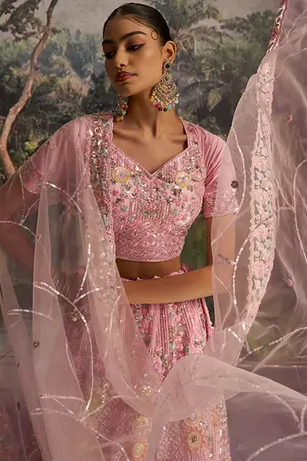 Graceful Pink Soft Net Lehenga with Sequins, Zarkan, Dori Work and Matching Dupatta