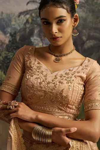 Elegant Peach Gota Silk Lehenga with Sequins Zarkan and Net Dupatta