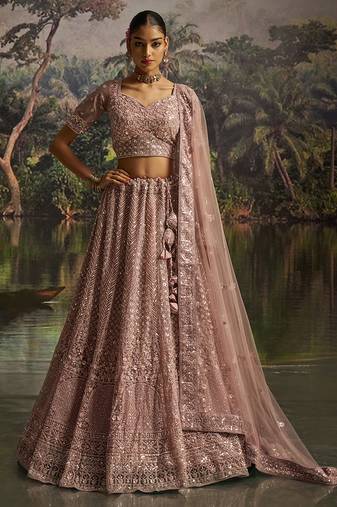 Designer Mauve Soft Net Semi-Stitched Lehenga with Unstitched Blouse & Embroidered Dupatta