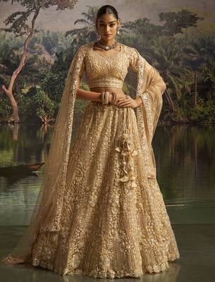 Designer Cream Soft Net Semi-Stitched Lehenga with Unstitched Blouse & Dupatta 1