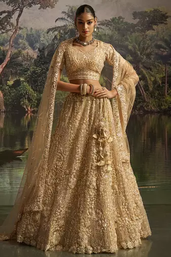 Designer Cream Soft Net Semi-Stitched Lehenga with Unstitched Blouse & Dupatta
