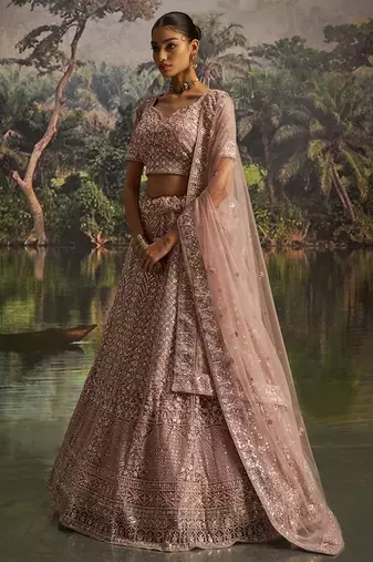 Designer Mauve Soft Net Semi-Stitched Lehenga with Unstitched Blouse & Embroidered Dupatta