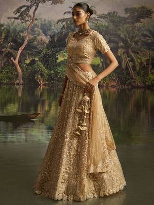 Designer Cream Soft Net Semi-Stitched Lehenga with Unstitched Blouse & Dupatta 2