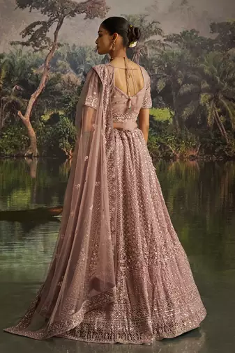 Designer Mauve Soft Net Semi-Stitched Lehenga with Unstitched Blouse & Embroidered Dupatta