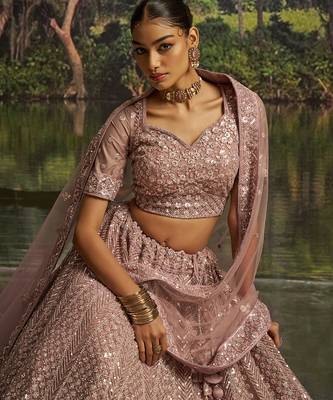 Designer Mauve Soft Net Semi-Stitched Lehenga with Unstitched Blouse & Embroidered Dupatta 4