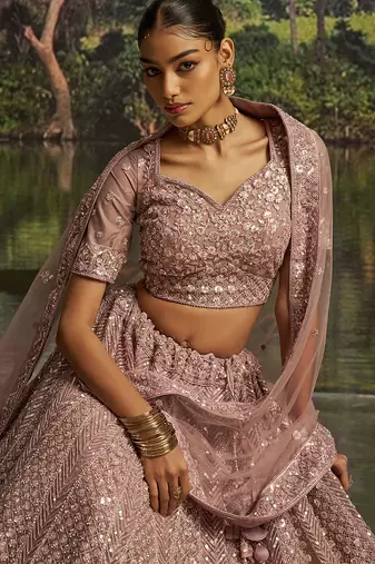 Designer Mauve Soft Net Semi-Stitched Lehenga with Unstitched Blouse & Embroidered Dupatta