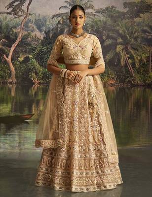 Designer Cream Soft Net Lehenga with Dori Zarkan Sequins Embroidery Work 1
