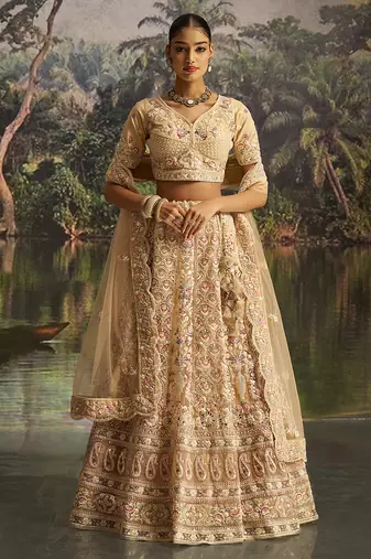 Designer Cream Soft Net Lehenga with Dori Zarkan Sequins Embroidery Work